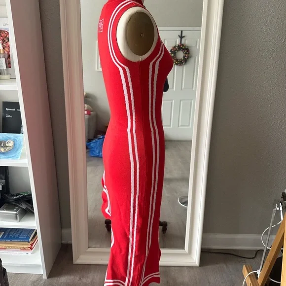 PH5 Red Sleeveless Asymmetric Ruffle Dress with White Trim - Picture 4 of 5